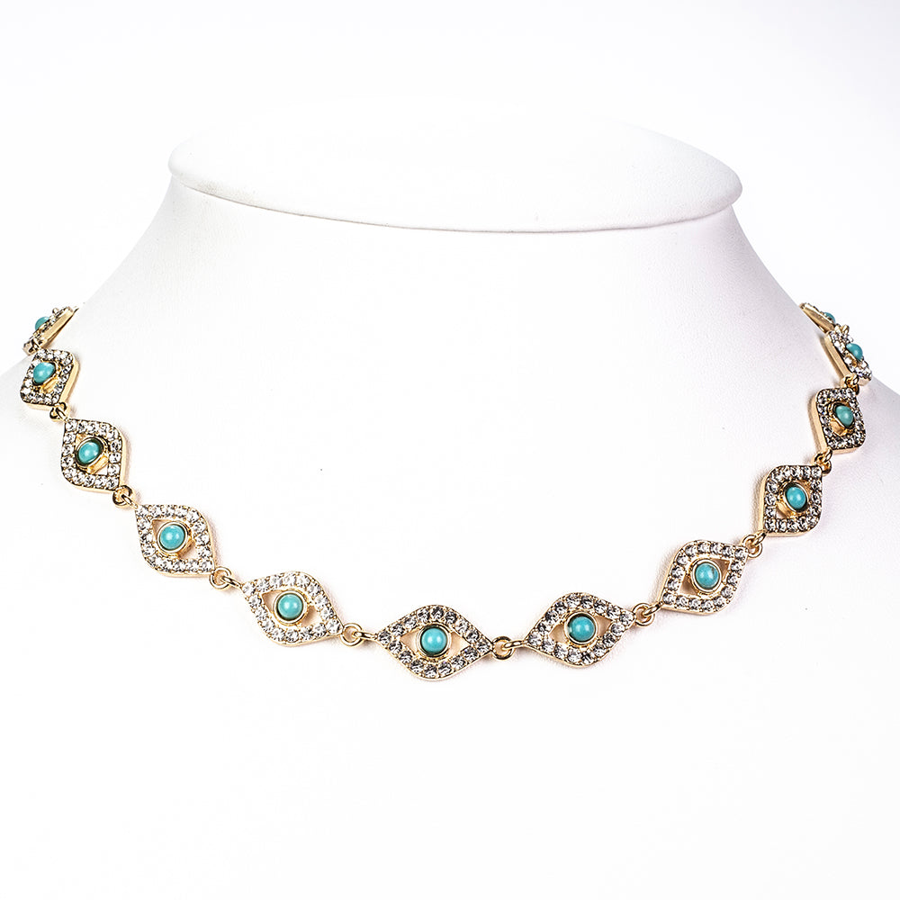 Arany tónusú Emporia Ötvözetű Szett Türkizzel és Fehér Emporia® Kristállyal ( Nyaklánc+Karkötő )