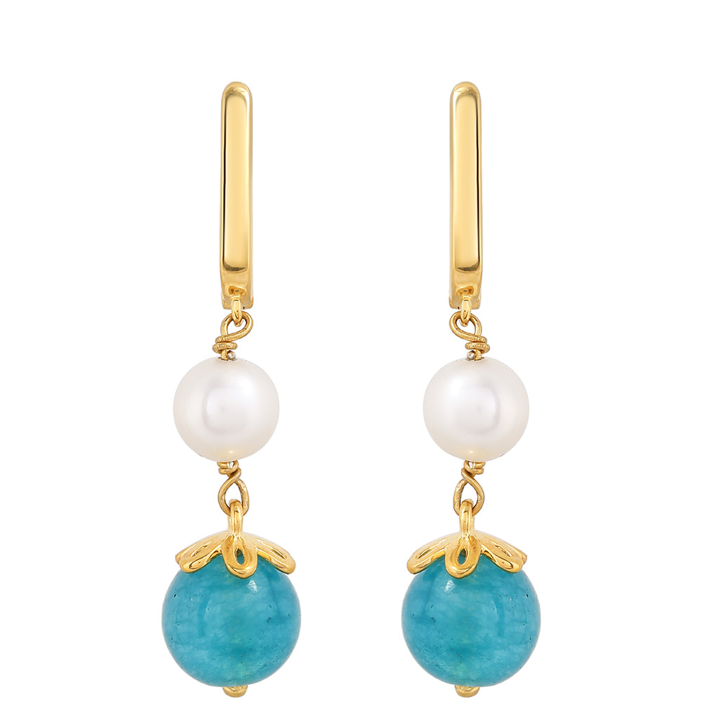 Arannyal Bevont Ezüst Fülbevaló Paraiba Kvarccal és Fehér Édesvízi Kagylógyönggyel