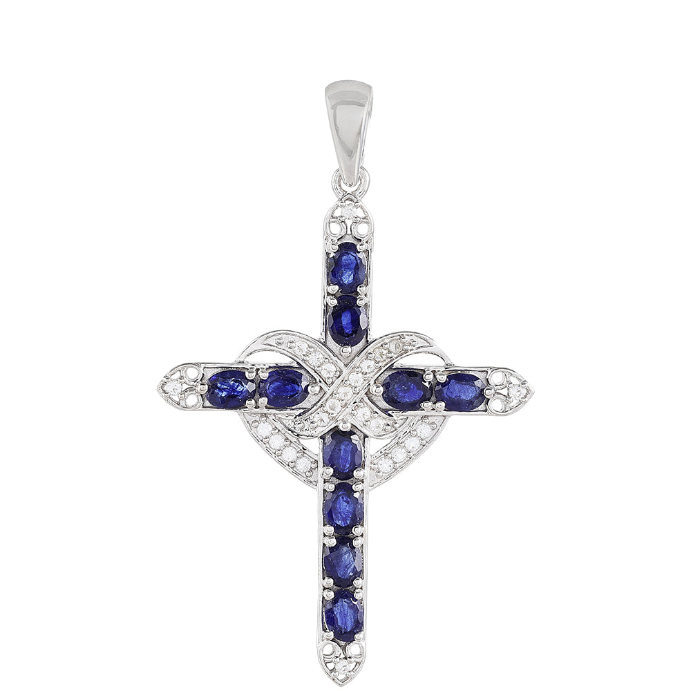Kereszt Ezüst Medál Thai Zafírral és Fehér Topázzal