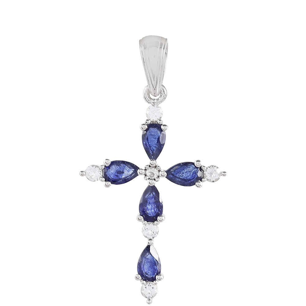 Kereszt Ezüst Medál Thai Zafírral és Fehér Topázzal