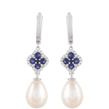 Ezüst Fülbevaló Thai Zafírral és Fehér Édesvízi Kagylógyönggyel
