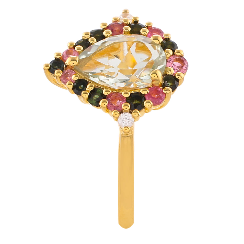 Arannyal Bevont Ezüst Gyűrű Zöld Ametiszttel és Rózsaszínű Turmalinnal