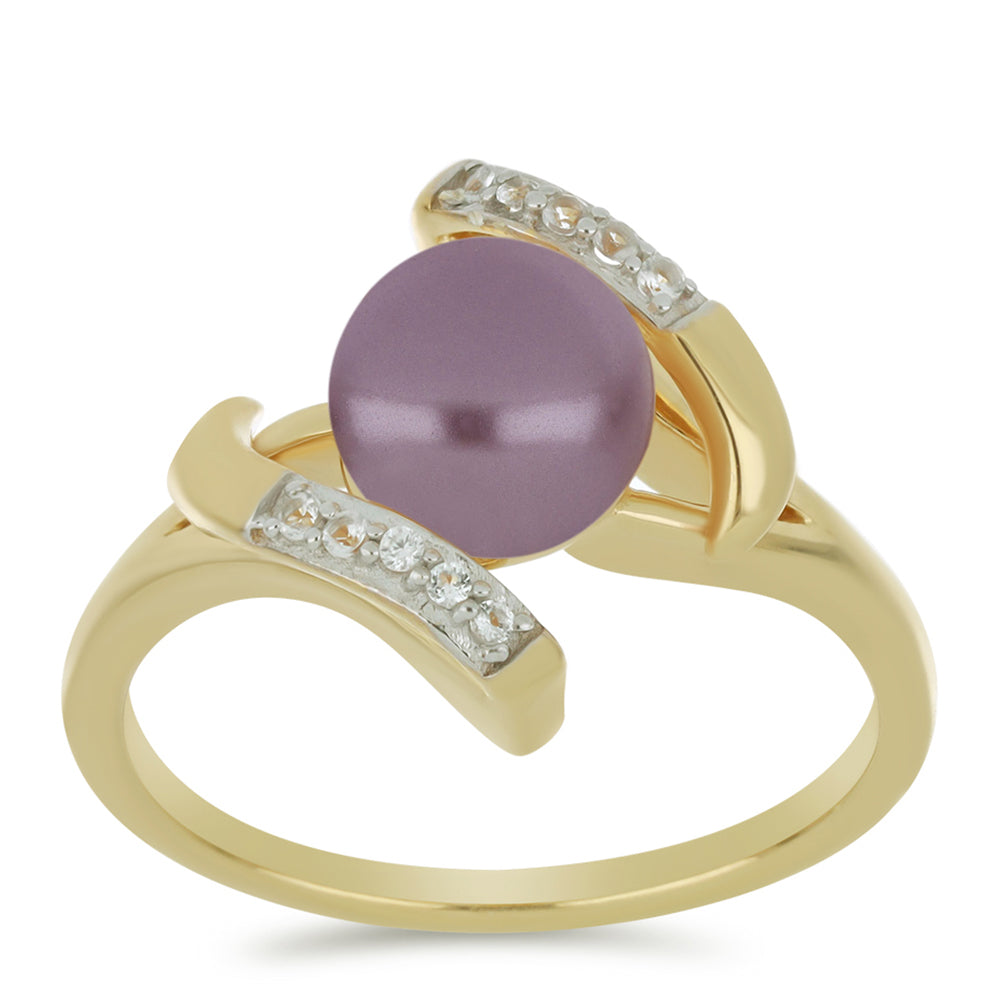 Arannyal Bevont Ezüst Gyűrű Lila színű Édesvízi Kagylógyönggyel és Fehér Topázzal