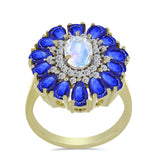 Arannyal Bevont Ezüst Gyűrű Szivárvány Holdkővel és Ausztrál Kék Zafírral