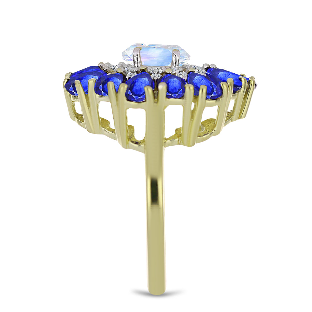 Arannyal Bevont Ezüst Gyűrű Szivárvány Holdkővel és Ausztrál Kék Zafírral