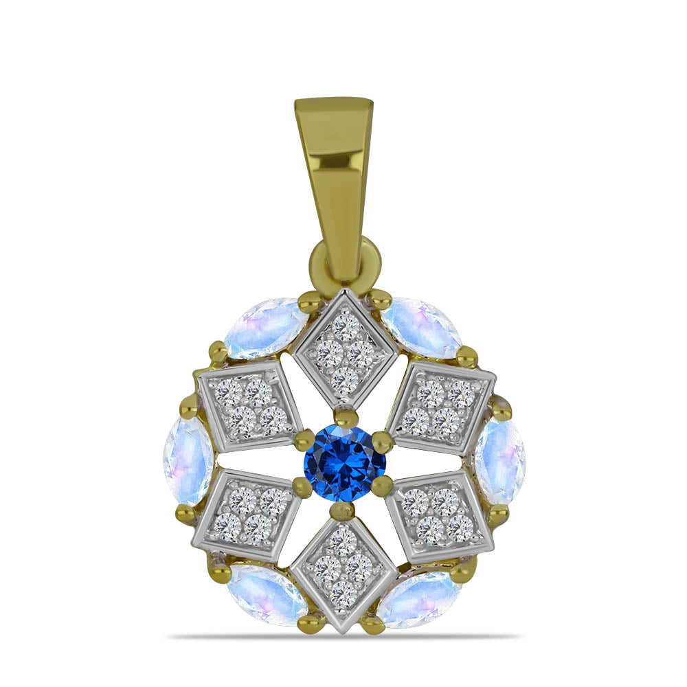 Arannyal Bevont Ezüst Medál Szivárvány Holdkővel és Ausztrál Kék Zafírral