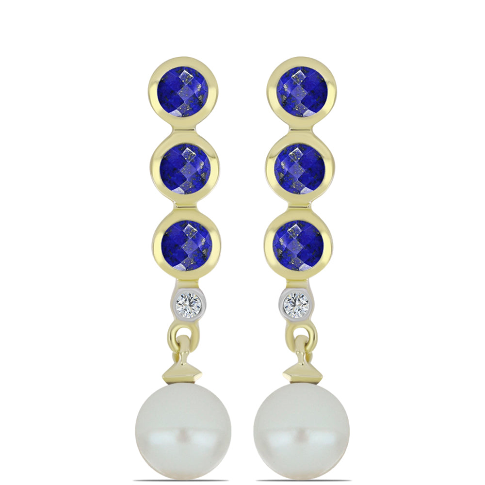 Arannyal Bevont Ezüst Fülbevaló Lapisz Lazulival és Fehér Édesvízi Kagylógyönggyel