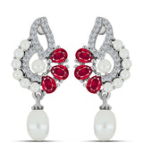 Ezüst Fülbevaló Madagaszkári Rubinnal és Fehér Édesvízi Kagylógyönggyel