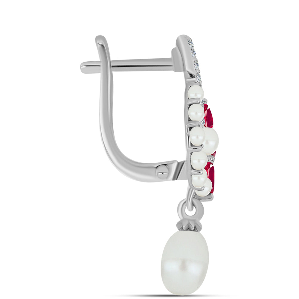 Ezüst Fülbevaló Madagaszkári Rubinnal és Fehér Édesvízi Kagylógyönggyel