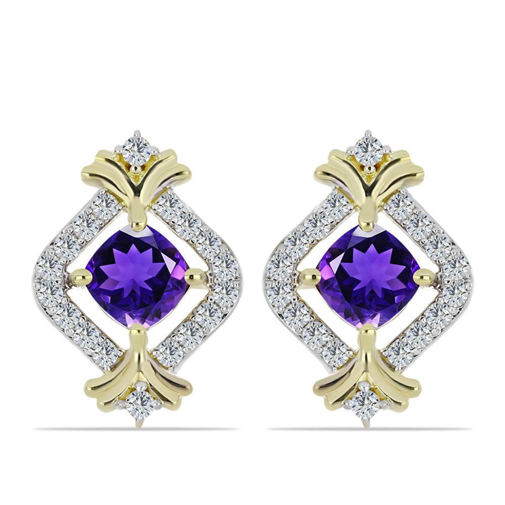 Arannyal Bevont Ezüst Fülbevaló Marokkói Ametiszttel és Fehér Topázzal