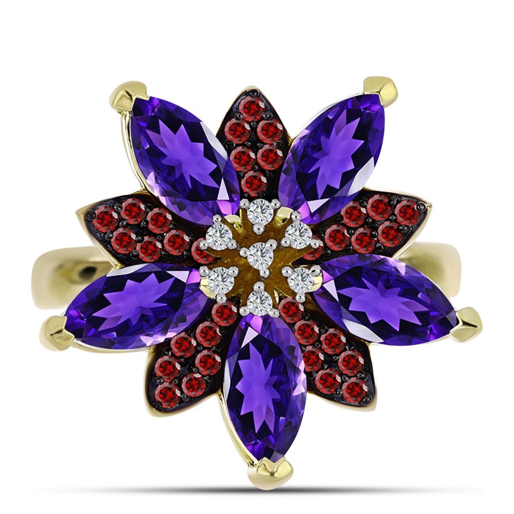 Arannyal Bevont Ezüst Gyűrű Marokkói Ametiszttel és Barton Gránáttal