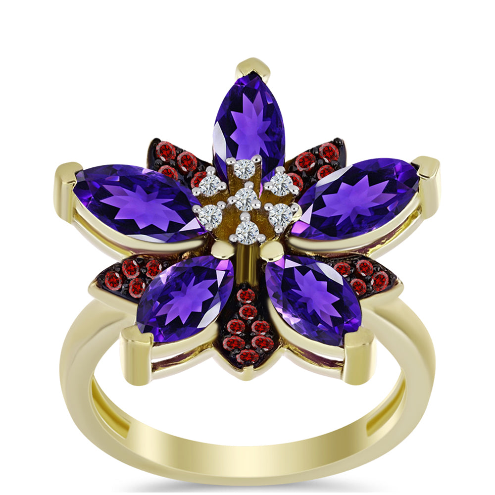 Arannyal Bevont Ezüst Gyűrű Marokkói Ametiszttel és Barton Gránáttal