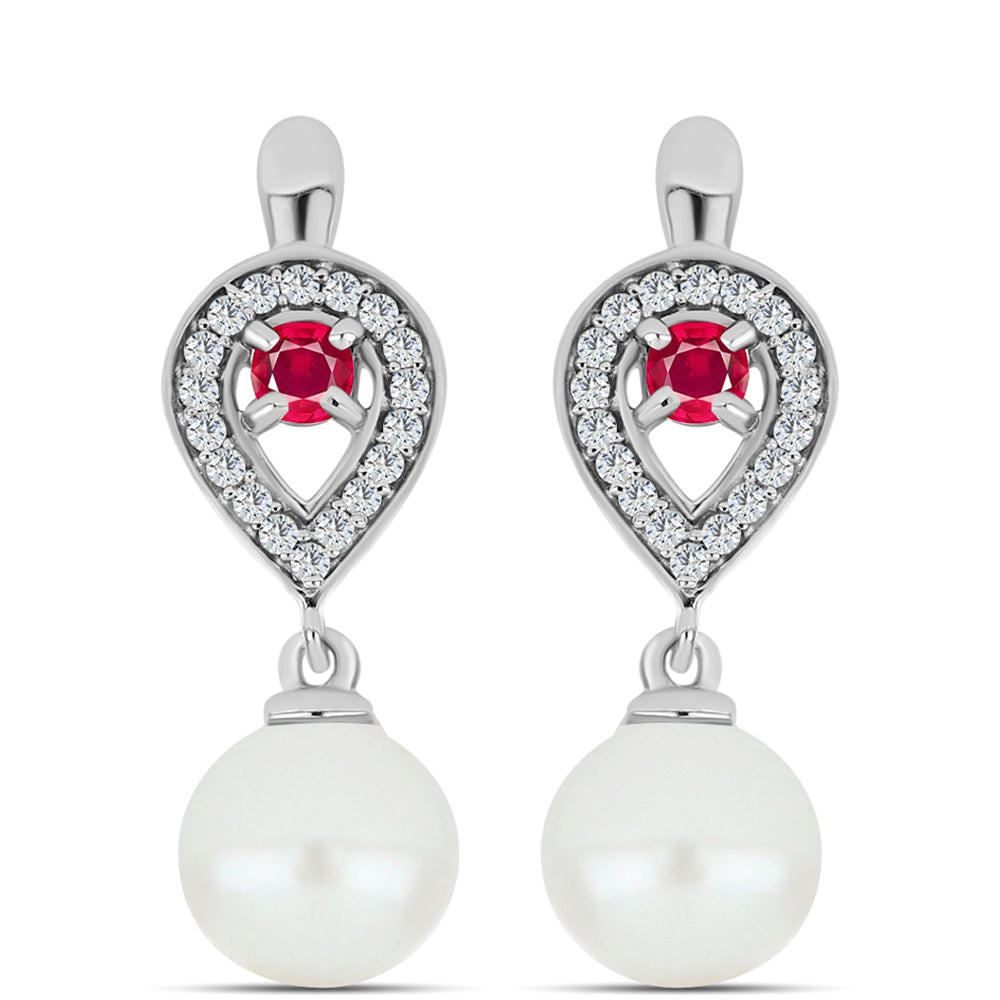Ezüst Fülbevaló Madagaszkári Rubinnal és Fehér Édesvízi Kagylógyönggyel