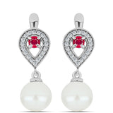 Ezüst Fülbevaló Madagaszkári Rubinnal és Fehér Édesvízi Kagylógyönggyel