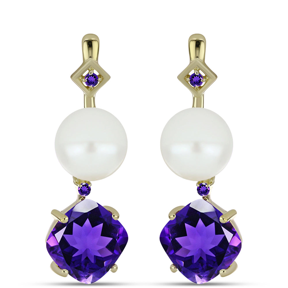 Arannyal Bevont Ezüst Fülbevaló Marokkói Ametiszttel és Fehér Édesvízi Kagylógyönggyel