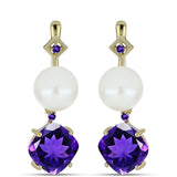 Arannyal Bevont Ezüst Fülbevaló Marokkói Ametiszttel és Fehér Édesvízi Kagylógyönggyel
