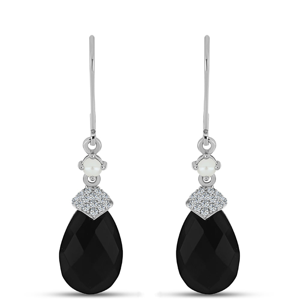 Ezüst Fülbevaló Obszidiánnal és Fehér Édesvízi Kagylógyönggyel