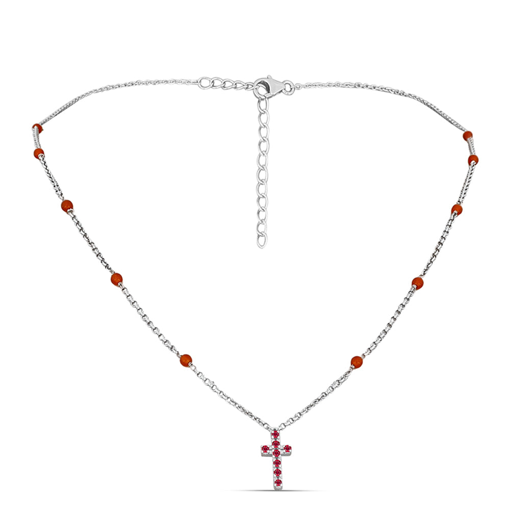Kereszt Ezüst Nyaklánc Madagaszkári Rubinnal és Karneollal