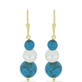 Arannyal Bevont Ezüst Fülbevaló Csipkerózsika Türkizzel és Fehér Édesvízi Kagylógyönggyel