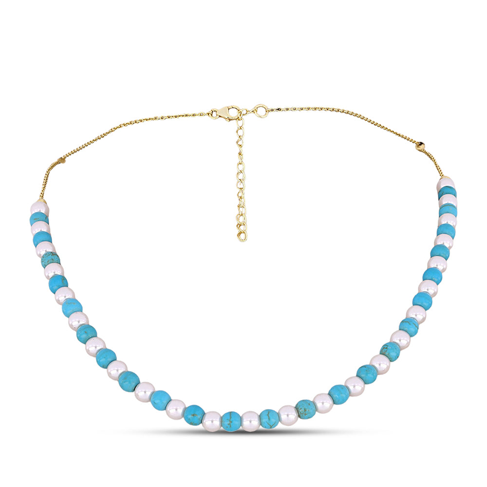 Arannyal Bevont Ezüst Nyaklánc Csipkerózsika Türkizzel és Fehér Édesvízi Kagylógyönggyel