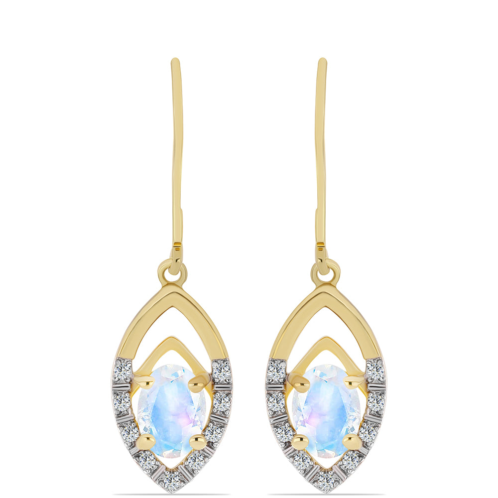 Arannyal Bevont Ezüst Fülbevaló Szivárvány Holdkővel és Fehér Topázzal