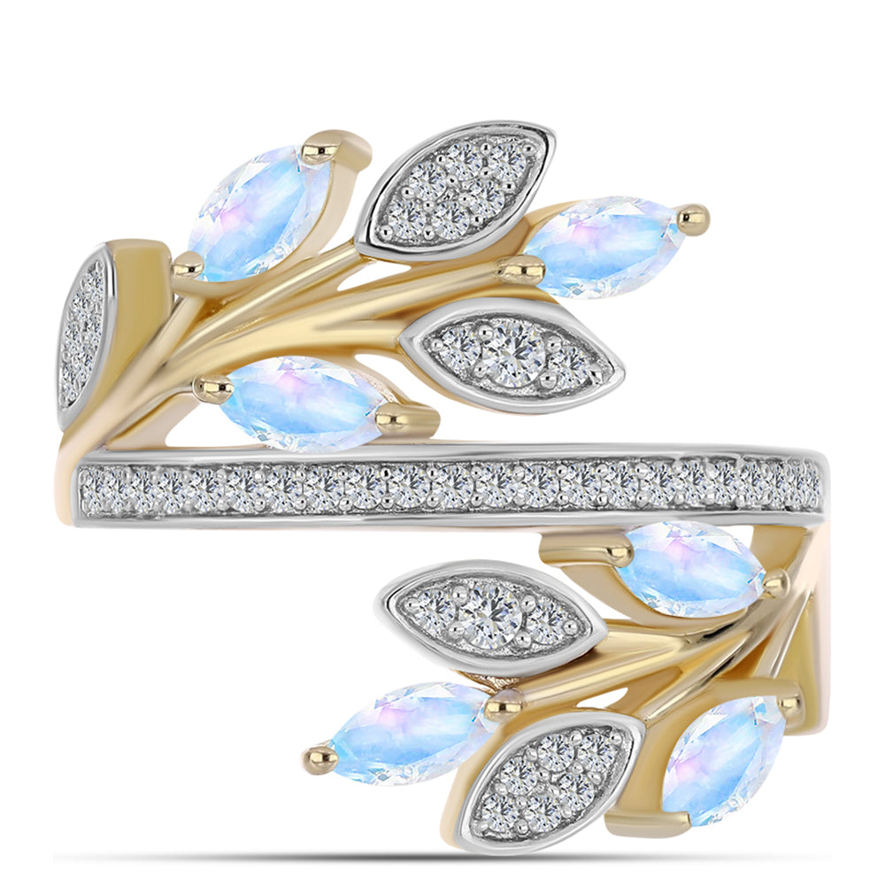 Arannyal Bevont Ezüst Gyűrű Szivárvány Holdkővel és Fehér Topázzal