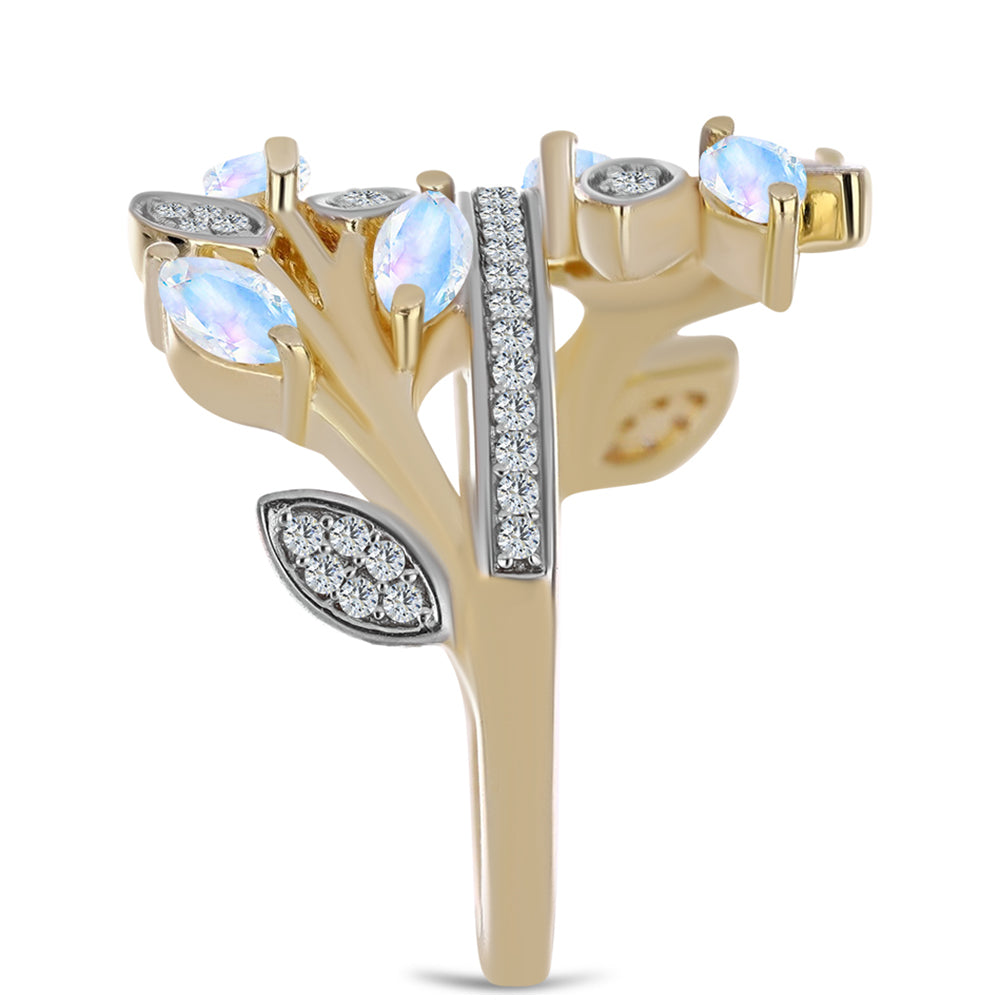 Arannyal Bevont Ezüst Gyűrű Szivárvány Holdkővel és Fehér Topázzal