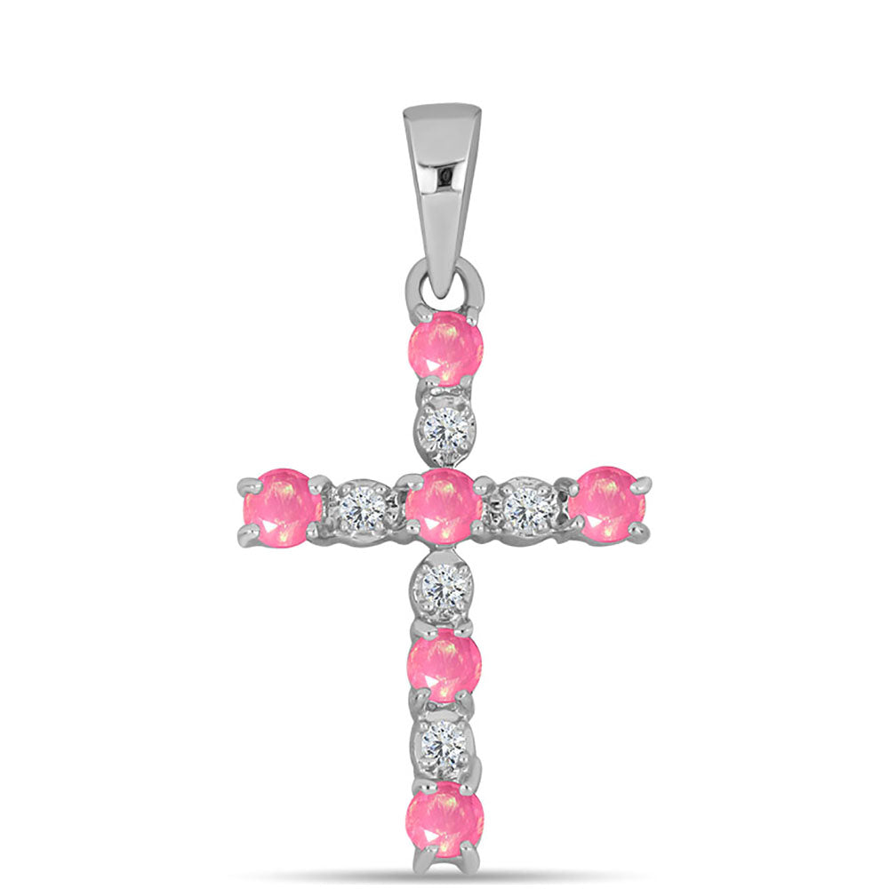 Kereszt Ezüst Medál Rózsaszínű Opállal és Fehér Topázzal