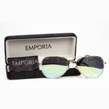 Emporia Italy - Pilóta Napszemüveg "DZSUNGEL", polarizált napszemüveg tokkal és tisztítókendővel, sárgászöld lencsék, arany színű keret