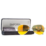 Emporia Italy - Pilóta Napszemüveg "NAPSUGÁR", polarizált napszemüveg tokkal és tisztítókendővel, narancssárgás lencsék, arany színű keret