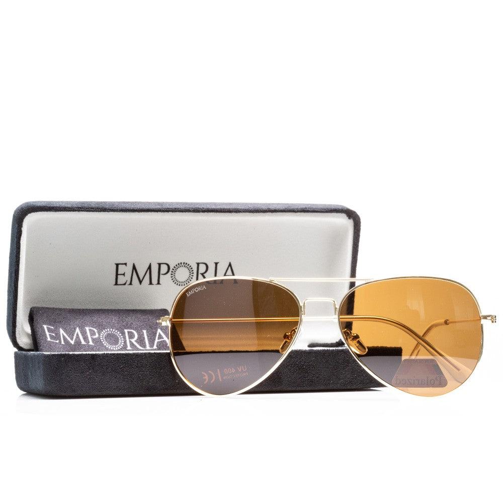 Emporia Italy - Pilóta Napszemüveg "SIVATAG", polarizált napszemüveg tokkal és tisztítókendővel,  világosbarna lencsék, arany színű keret