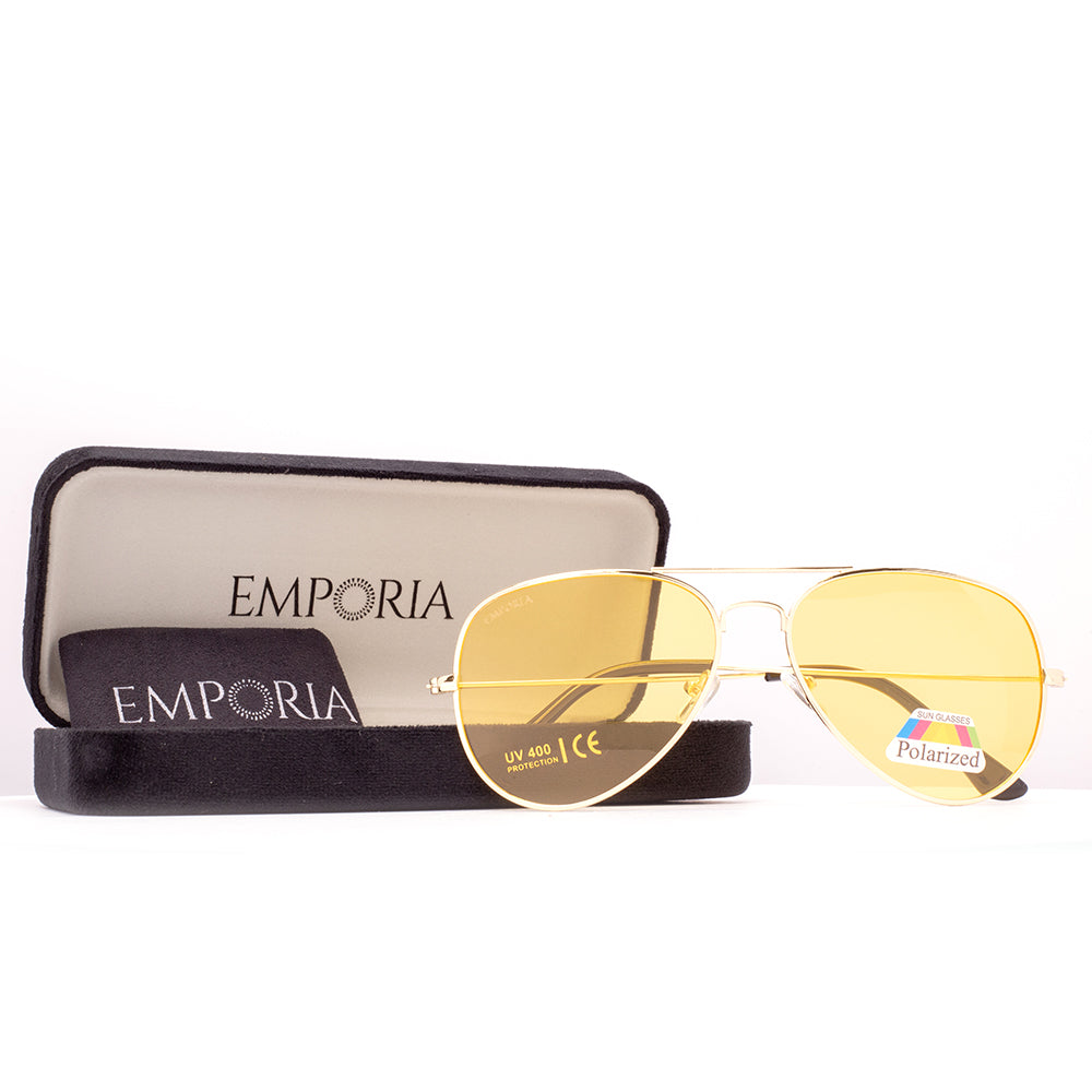 Emporia Italy - Pilóta Napszemüveg "HOLLYWOOD", polarizált napszemüveg tokkal és tisztítókendővel, sárga lencsék, arany színű keret