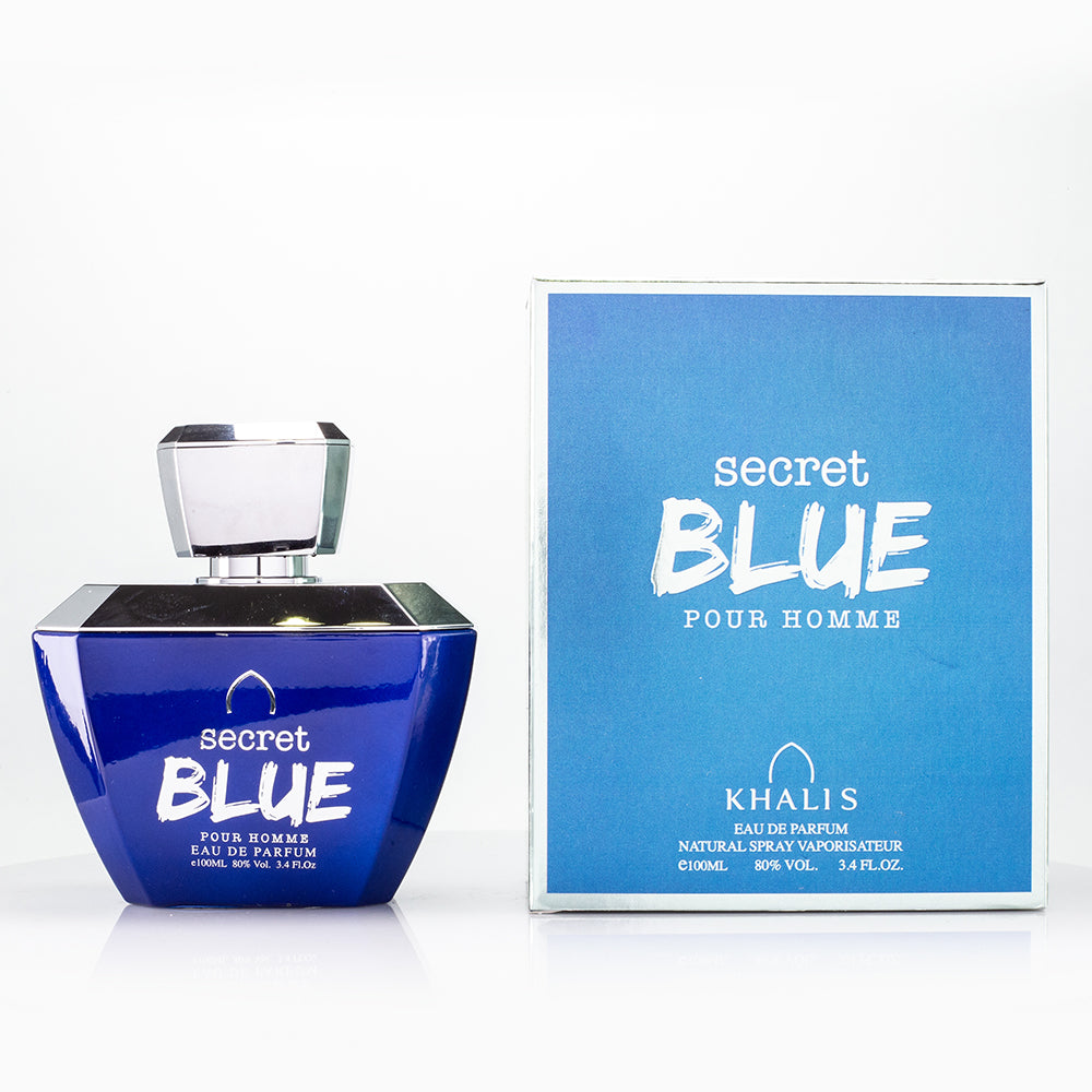100 ml Eau de Parfum SECRET BLUE Fűszeres Gyümölcsös Pézsma Illat Férfiaknak